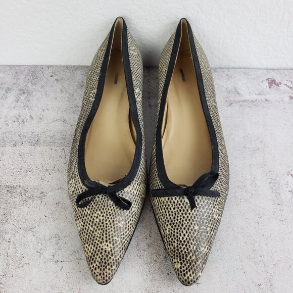 J CREW Italy Pointed Toe Pump Shoes Ballet Flats Textured Leather Snake Bow 8.5 - Picture 3 of 13